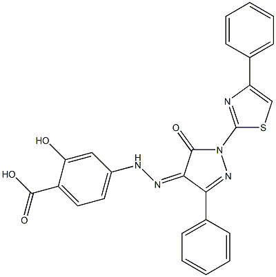 2-hydroxy-4-{2-[5-oxo-3-phenyl-1-(4-phenyl-1,3-thiazol-2-yl)-1,5-dihydro-4H-pyrazol-4-ylidene]hydrazino}benzoic acid Struktur