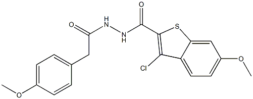 3-chloro-6-methoxy-N'-[2-(4-methoxyphenyl)acetyl]-1-benzothiophene-2-carbohydrazide Struktur