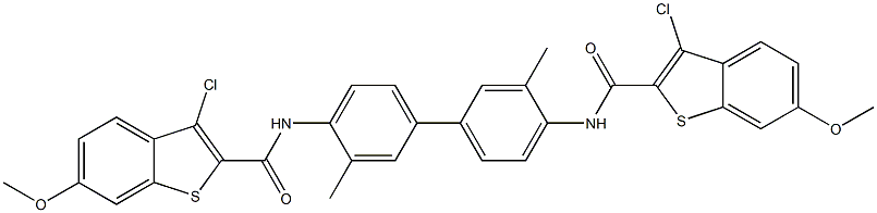 3-chloro-N-(4'-{[(3-chloro-6-methoxy-1-benzothiophen-2-yl)carbonyl]amino}-3,3'-dimethyl[1,1'-biphenyl]-4-yl)-6-methoxy-1-benzothiophene-2-carboxamide Struktur