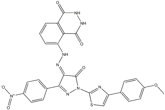 5-{2-[1-[4-(4-methoxyphenyl)-1,3-thiazol-2-yl]-3-(4-nitrophenyl)-5-oxo-1,5-dihydro-4H-pyrazol-4-ylidene]hydrazino}-2,3-dihydro-1,4-phthalazinedione Struktur