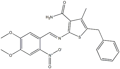 5-benzyl-2-{[(E)-(4,5-dimethoxy-2-nitrophenyl)methylidene]amino}-4-methyl-3-thiophenecarboxamide Struktur