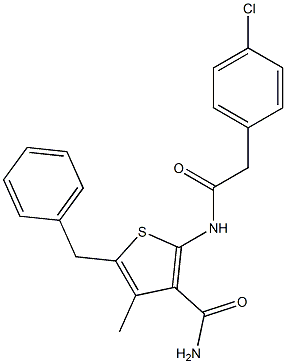 5-benzyl-2-{[2-(4-chlorophenyl)acetyl]amino}-4-methyl-3-thiophenecarboxamide Struktur