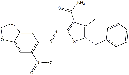 5-benzyl-4-methyl-2-{[(E)-(6-nitro-1,3-benzodioxol-5-yl)methylidene]amino}-3-thiophenecarboxamide Struktur