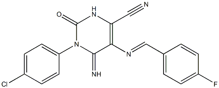 1-(4-chlorophenyl)-5-{[(E)-(4-fluorophenyl)methylidene]amino}-6-imino-2-oxo-1,2,3,6-tetrahydro-4-pyrimidinecarbonitrile Struktur