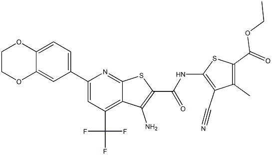 ethyl 5-({[3-amino-6-(2,3-dihydro-1,4-benzodioxin-6-yl)-4-(trifluoromethyl)thieno[2,3-b]pyridin-2-yl]carbonyl}amino)-4-cyano-3-methyl-2-thiophenecarboxylate Struktur