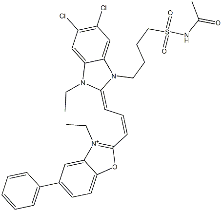 2-[3-[[1-[4-(Acetylaminosulfonyl)butyl]-5,6-dichloro-3-ethyl-1,3-dihydro-2H-benzimidazol]-2-ylidene]-1-propenyl]-3-ethyl-5-phenylbenzoxazol-3-ium Struktur