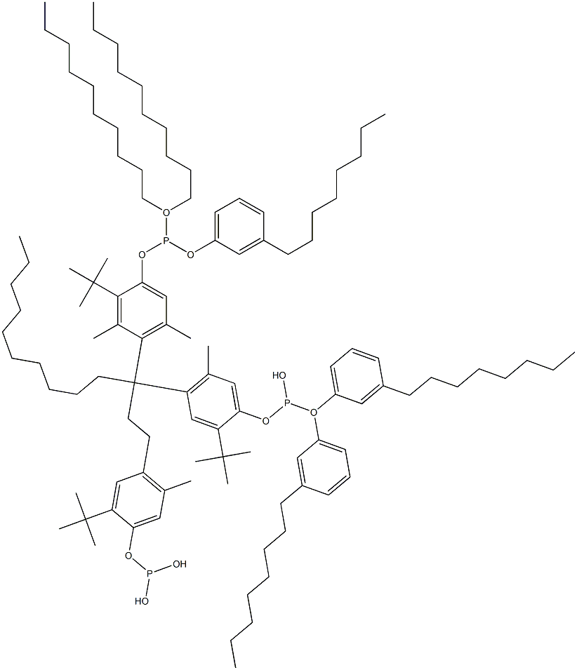 [3-Methyl-1,1,3-propanetriyltris(2-tert-butyl-5-methyl-4,1-phenyleneoxy)]tris(phosphonous acid)O,O',O'-tri(decyl)O,O'',O''-tris(3-octylphenyl) ester Struktur