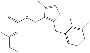 4-Methyl-2-[(2,3-dimethyl-2,6(1)-cyclohexadien-1-yl)methyl]-3-[[[(E)-3-methyl-2-pentenoyl]oxy]methyl]furan Struktur