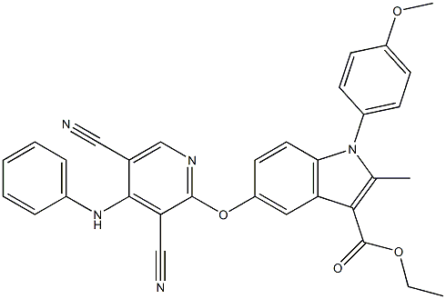 1-(4-Methoxyphenyl)-2-methyl-5-[3,5-dicyano-4-(phenylamino)pyridin-2-yloxy]-1H-indole-3-carboxylic acid ethyl ester Struktur