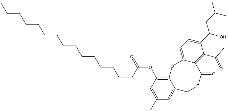 Hexadecanoic acid 5-oxo-4-acetyl-9-methyl-3-(1-hydroxy-3-methylbutyl)-5H,7H-dibenzo[b,g][1,5]dioxocin-11-yl ester Struktur