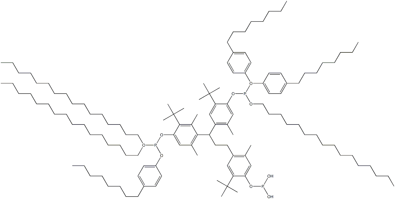 [3-Methyl-1,1,3-propanetriyltris(2-tert-butyl-5-methyl-4,1-phenyleneoxy)]tris(phosphonous acid)O,O',O'-trihexadecyl O,O'',O''-tris(4-octylphenyl) ester Struktur