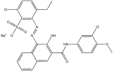 2-Chloro-5-ethyl-6-[[3-[[(3-chloro-4-methoxyphenyl)amino]carbonyl]-2-hydroxy-1-naphtyl]azo]benzenesulfonic acid sodium salt Struktur