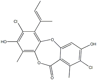 2,7-Dichloro-3,8-dihydroxy-1,9-dimethyl-6-(1-methyl-1-propenyl)-11H-dibenzo[b,e][1,4]dioxepin-11-one Struktur