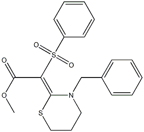 (E)-(Phenylsulfonyl)[(3-benzyl-3,4,5,6-tetrahydro-2H-1,3-thiazin)-2-ylidene]acetic acid methyl ester Struktur