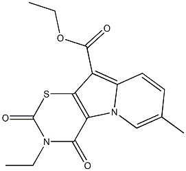 3,4-Dihydro-2,4-dioxo-3-ethyl-7-methyl-2H-1,3-thiazino[6,5-b]indolizine-10-carboxylic acid ethyl ester Struktur