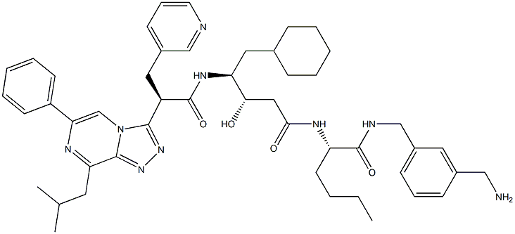 (2S)-2-[[(3S,4S)-4-[[(2R)-2-(8-Isobutyl-6-phenyl-1,2,4-triazolo[4,3-a]pyrazin-3-yl)-3-(3-pyridinyl)propanoyl]amino]-5-cyclohexyl-3-hydroxypentanoyl]amino]-N-(3-aminomethylbenzyl)-5-methylpentanamide Struktur