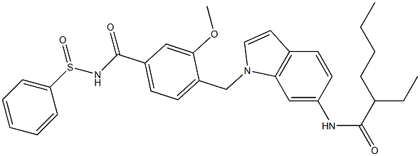 4-[6-(2-Ethylhexanoylamino)-1H-indol-1-ylmethyl]-3-methoxy-N-phenylsulfinylbenzamide Struktur