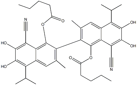 1,1'-Bis(pentanoyloxy)-6,6',7,7'-tetrahydroxy-5,5'-diisopropyl-3,3'-dimethyl-2,2'-binaphthalene-8,8'-dicarbonitrile Struktur