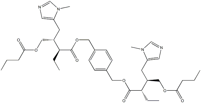 Bis[(2S,3R)-2-ethyl-3-[(1-methyl-1H-imidazol-5-yl)methyl]-4-(butyryloxy)butanoic acid][(1,4-phenylene)dimethylene] ester Struktur