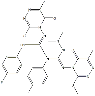 1,3-Bis(4-fluorophenyl)-2-[(4,5-dihydro-6-methyl-3-methylthio-5-oxo-1,2,4-triazin)-4-yl]-1-[(2,2-dimethylhydrazino)[(4,5-dihydro-6-methyl-3-methylthio-5-oxo-1,2,4-triazin)-4-ylimino]methyl]guanidine Struktur