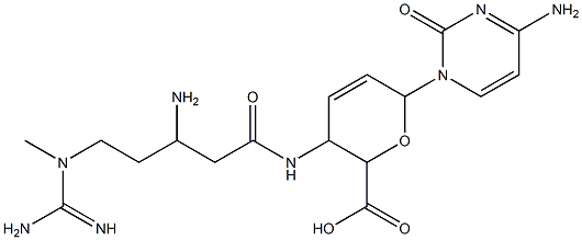 6-[4-Amino-1,2-dihydro-2-oxopyrimidin-1-yl]-3-[3-amino-5-(1-methylguanidino)valerylamino]-3,6-dihydro-2H-pyran-2-carboxylic acid Struktur