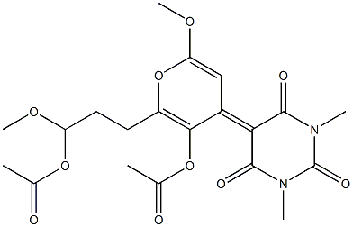 Acetic acid [1-methoxy-3-[4-[(1,3-dimethyl-2,4,6-trioxohexahydropyrimidin)-5-ylidene]-2-methoxy-5-acetoxy-4H-pyran-6-yl]propyl] ester Struktur