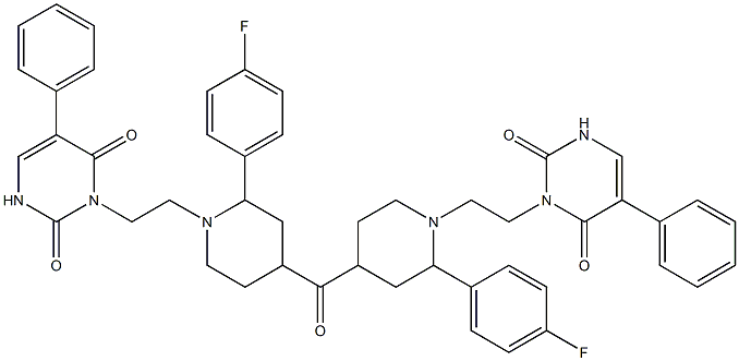 4-Fluorophenyl[1-[2-[(2,6-dioxo-5-phenyl-1,2,3,6-tetrahydropyrimidin)-1-yl]ethyl]piperidin-4-yl] ketone Struktur