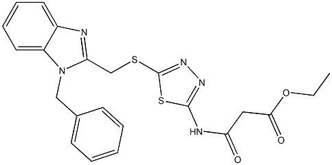 [[[2-[(1-Benzyl-1H-benzimidazol-2-yl)methylthio]-1,3,4-thiadiazol-5-yl]amino]carbonyl]acetic acid ethyl ester Struktur