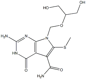 2-Amino-3,4-dihydro-6-methylthio-7-(2-hydroxy-1-hydroxymethylethoxymethyl)-4-oxo-7H-pyrrolo[2,3-d]pyrimidine-5-carboxamide Struktur