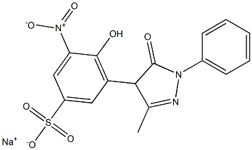 4-Hydroxy-3-nitro-5-(3-methyl-5-oxo-1-phenyl-2-pyrazolin-4-yl)benzenesulfonic acid sodium salt Struktur