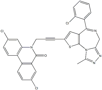 4-(2-Chlorophenyl)-9-methyl-2-[3-[(3,8-dichloro-5,6-dihydro-6-oxophenanthridin)-5-yl]-1-propynyl]-6H-thieno[3,2-f][1,2,4]triazolo[4,3-a][1,4]diazepine Struktur