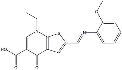 2-[(2-Methoxyphenyl)iminomethyl]-4,7-dihydro-7-ethyl-4-oxothieno[2,3-b]pyridine-5-carboxylic acid Struktur