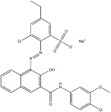 3-Chloro-5-ethyl-2-[[3-[[(4-chloro-3-methoxyphenyl)amino]carbonyl]-2-hydroxy-1-naphtyl]azo]benzenesulfonic acid sodium salt Struktur