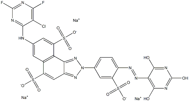 7-(5-Chloro-2,6-difluoro-4-pyrimidinylamino)-2-[3-sulfo-4-(2,4,6-trihydroxy-5-pyrimidinylazo)phenyl]-2H-naphtho[1,2-d]triazole-5,9-disulfonic acid trisodium salt Struktur