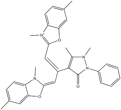 2-[2-[(2,3-Dihydro-1,5-dimethyl-3-oxo-2-phenyl-1H-pyrazol)-4-yl]-3-[3,6-dimethylbenzoxazol-2(3H)-ylidene]-1-propenyl]-3,6-dimethylbenzoxazol-3-ium Struktur