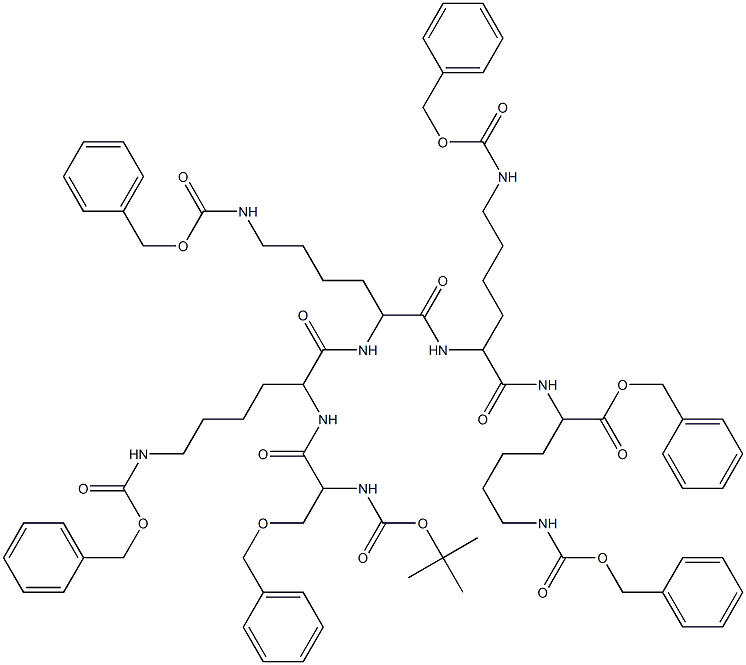 benzyl 12,15,18-tris(4-(benzyloxycarbonylamino)butyl)-21-(benzyloxymethyl)-25,25-dimethyl-3,11,14,17,20,23-hexaoxo-1-phenyl-2,24-dioxa-4,10,13,16,19,22-hexaazahexacosane-9-carboxylate Struktur