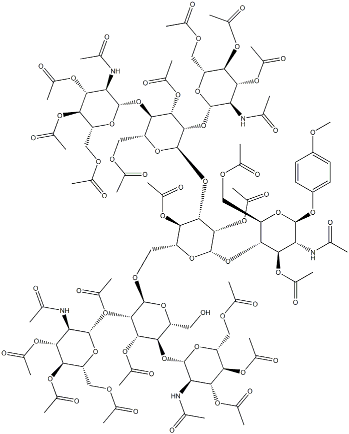 4-Methoxyphenyl 2-acetamido-3,6-di-O-acetyl-4-O-{2,4-di-O-acetyl-3-O-[3,6-di-O-acetyl-2,4-di-O-(3,4,6-tri-O-acetyl-2-acetamido-2-deoxy-b-D-glucopyranosyl)-a-D-mannopyranosyl]-6-O-[2,3-di-O-acetyl-2,4-di-O-(3,4,6-tri-O-acetyl-2-acetamido-2-deoxy-b-D-glucopyranosyl)-a-D-mannopyranosyl]-b-D-mannopyranosyl}-2-deoxy-b-D-glucopyranoside Struktur