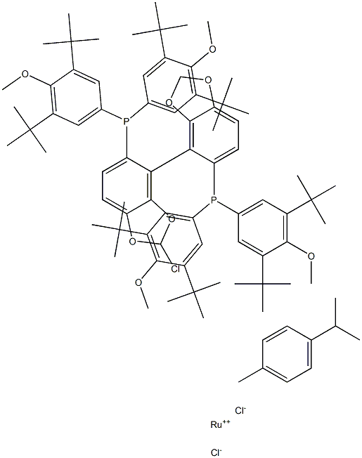 Chloro{(S)-(+)-5,5'-bis[di(3,5-di-t-butyl-4-methoxyphenyl)phosphino]-4,4'-bi-1,3-benzodioxole}(p-cymene)ruthenium(II)chloride Struktur