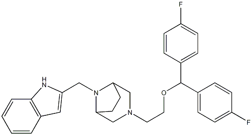 3-(2-(bis(4-fluorophenyl)methoxy)ethyl)-8-(1H-indol-2-ylmethyl)-3,8-diazabicyclo(3.2.1)octane Struktur