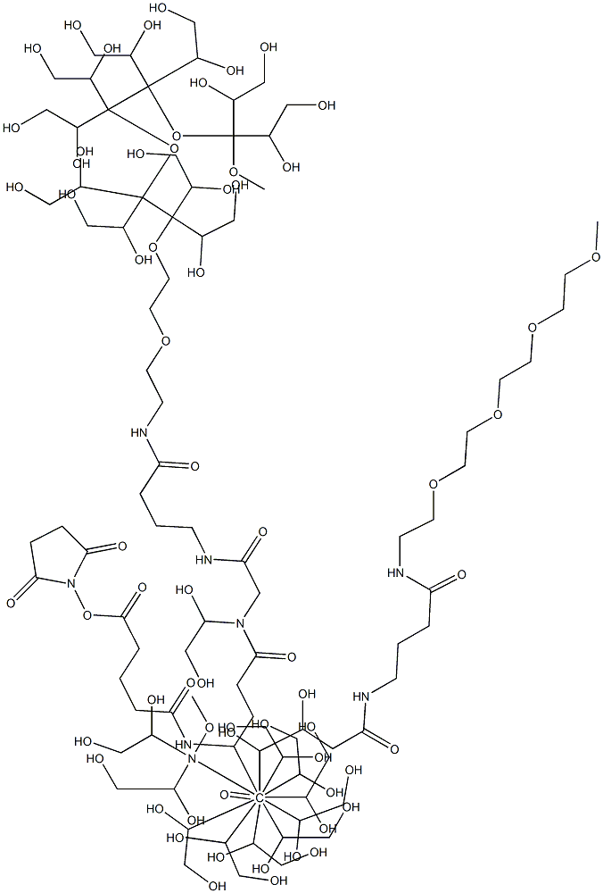 2,5-dioxopyrrolidin-1-yl 26-((15,20-dioxo-2,5,8,11-tetraoxa-14,19-diazahenicosan-21-yl)[alpha-methoxy-undeca(ethylen glycol)-omega-yl]carbamoyl)-15,20,23,28-tetraoxo-22-[alpha-methoxy-undeca(ethylen glycol)-omega-yl]-2,5,8,11-tetraoxa-14,19,22,27-tetraazadotriacontan-32-oate Struktur