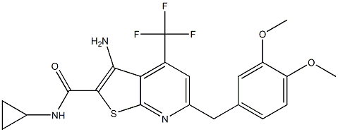 3-amino-N-cyclopropyl-6-(3,4-dimethoxybenzyl)-4-(trifluoromethyl)thieno[2,3-b]pyridine-2-carboxamide Struktur