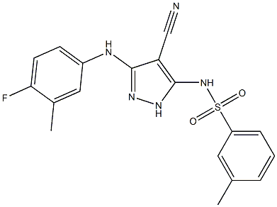 N-[4-cyano-3-(4-fluoro-3-methylanilino)-1H-pyrazol-5-yl]-3-methylbenzenesulfonamide Struktur