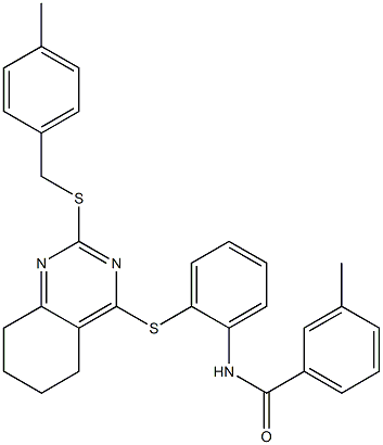 3-methyl-N-[2-({2-[(4-methylbenzyl)sulfanyl]-5,6,7,8-tetrahydro-4-quinazolinyl}sulfanyl)phenyl]benzenecarboxamide Struktur