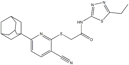 2-{[6-(1-adamantyl)-3-cyano-2-pyridinyl]sulfanyl}-N-(5-ethyl-1,3,4-thiadiazol-2-yl)acetamide Struktur