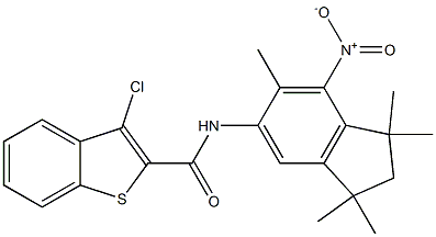 N2-(1,1,3,3,6-pentamethyl-7-nitro-2,3-dihydro-1H-inden-5-yl)-3-chlorobenzo[b]thiophene-2-carboxamide Struktur