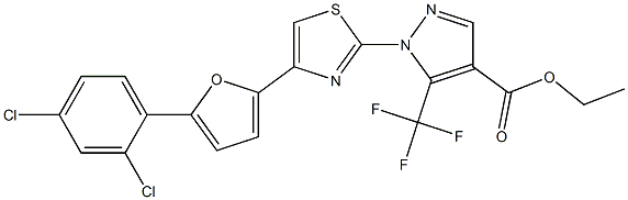 ethyl 1-{4-[5-(2,4-dichlorophenyl)-2-furyl]-1,3-thiazol-2-yl}-5-(trifluoromethyl)-1H-pyrazole-4-carboxylate Struktur