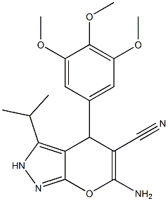 6-amino-3-isopropyl-4-(3,4,5-trimethoxyphenyl)-2,4-dihydropyrano[2,3-c]pyrazole-5-carbonitrile Struktur