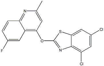 4,6-dichloro-2-[(6-fluoro-2-methyl-4-quinolyl)oxy]-1,3-benzothiazole Struktur