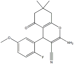 2-amino-4-(2-fluoro-5-methoxyphenyl)-7,7-dimethyl-5-oxo-5,6,7,8-tetrahydro-4H-chromene-3-carbonitrile Struktur