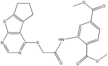 dimethyl 2-{[(6,7-dihydro-5H-cyclopenta[4,5]thieno[2,3-d]pyrimidin-4-ylsulfanyl)acetyl]amino}terephthalate Struktur